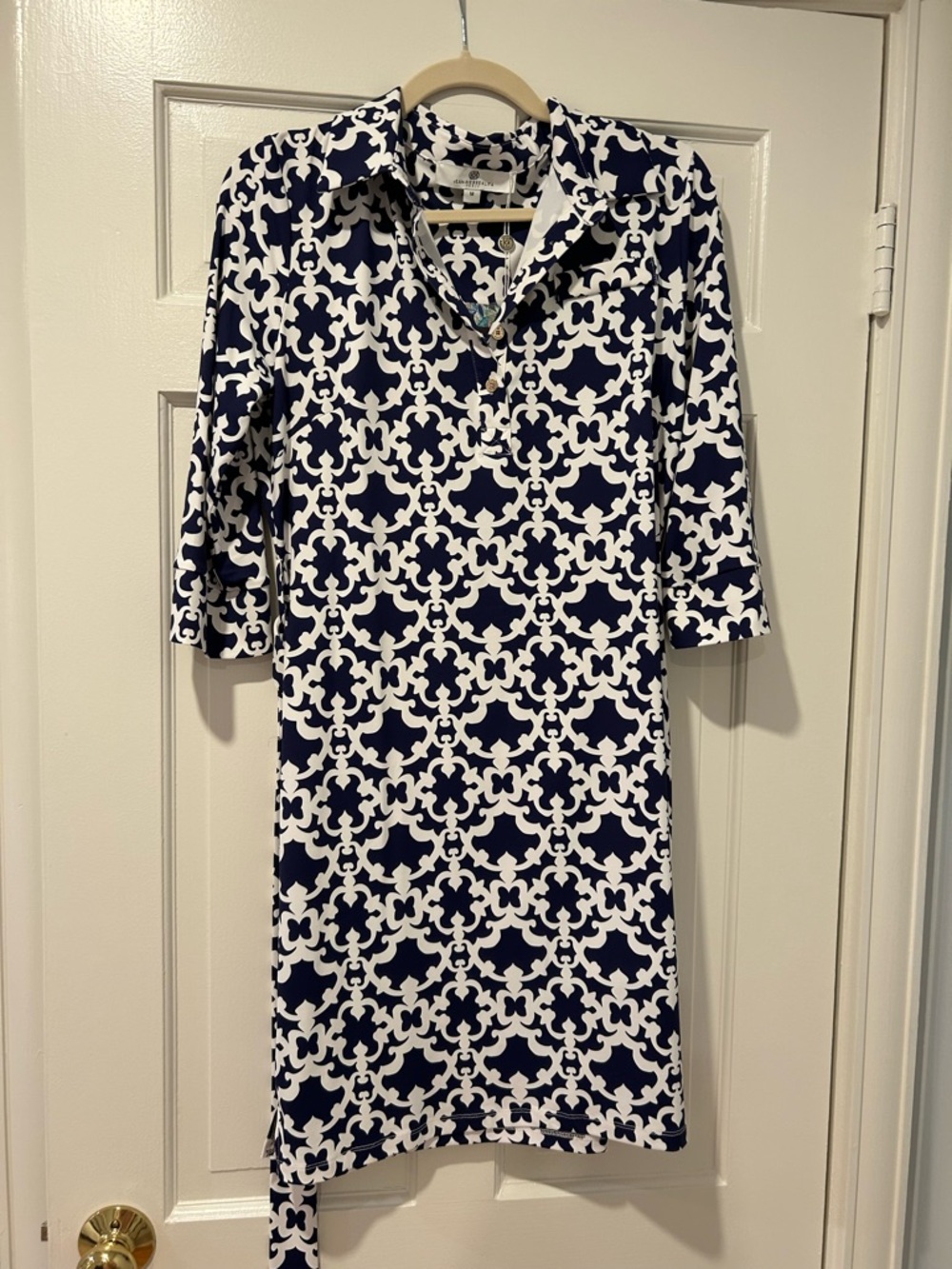 Navy & White Geometric Midi Shirt Dress